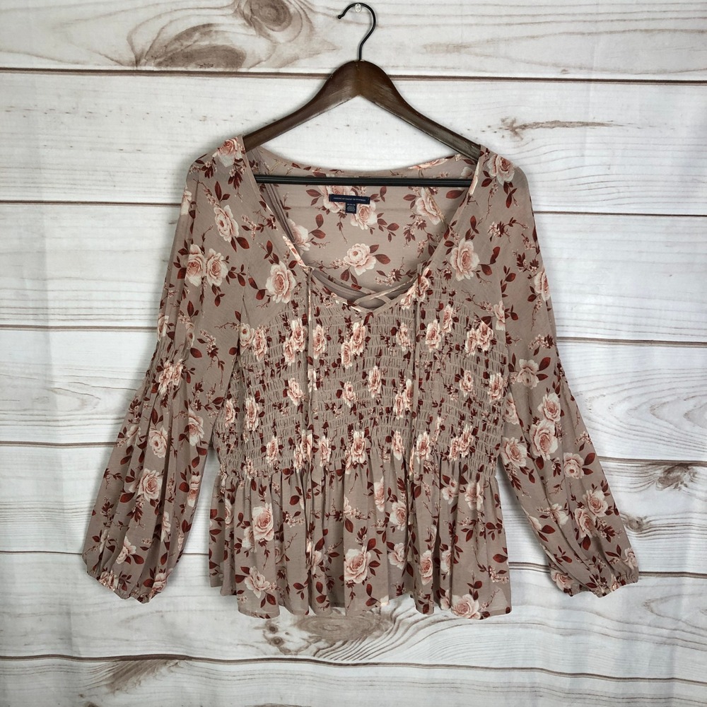 American Eagle Floral Smocked Blouse Cottagecore Boho Top - Medium - Picture 2 of 14